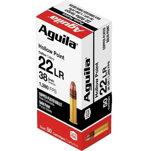 Aguila Super Extra 22LR ammo, 38 grain hollow point, high velocity 22 ammunition, plated hollow point rounds, rimfire ammunition for sale, target shooting 22LR, small game hunting ammo, Aguila ammunition USA