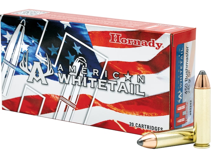 Hornady American Whitetail, 450 Bushmaster ammo, 245 grain ammunition, InterLock Jacketed Soft Point, hunting ammunition, bulk ammo, whitetail deer ammo, 500 rounds, rifle ammunition