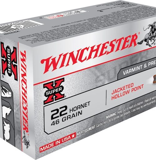 Winchester Super-X 22 Hornet ammo, 46 grain JHP ammunition, 200 rounds 22 Hornet, varmint hunting ammo, jacketed hollow point bullets, Winchester ammunition, rifle cartridges, target shooting ammo