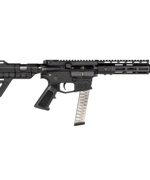 ATI MiIsport 9mm AR-15 pistol, 5.5 inch barrel, FlashCan, MLOK forend, blade brace, compact AR pistol, 9mm AR-15, tactical firearm, home defense gun