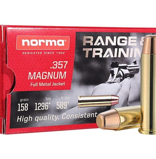 Norma 357 Magnum ammo, 158 grain FMJ, bulk 500 rounds, range training ammunition, 357 Magnum ammunition, revolver ammo, target shooting ammo, Norma range ammo