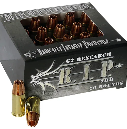 G2 Research R.I.P. 9mm ammo, 9mm Luger ammunition, fragmenting hollow point, lead-free 9mm, self-defense ammo, tactical ammunition, 92 grain 9mm, G2 Research ammunition, personal defense rounds