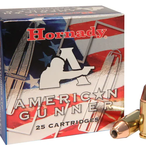 Hornady American Gunner 9mm Luger +P ammo, 124 grain XTP hollow point, 500 rounds 9mm ammunition, self-defense 9mm ammo, bulk 9mm +P ammo, Hornady XTP bullets, 9mm Luger +P hollow point, American Gunner series ammo